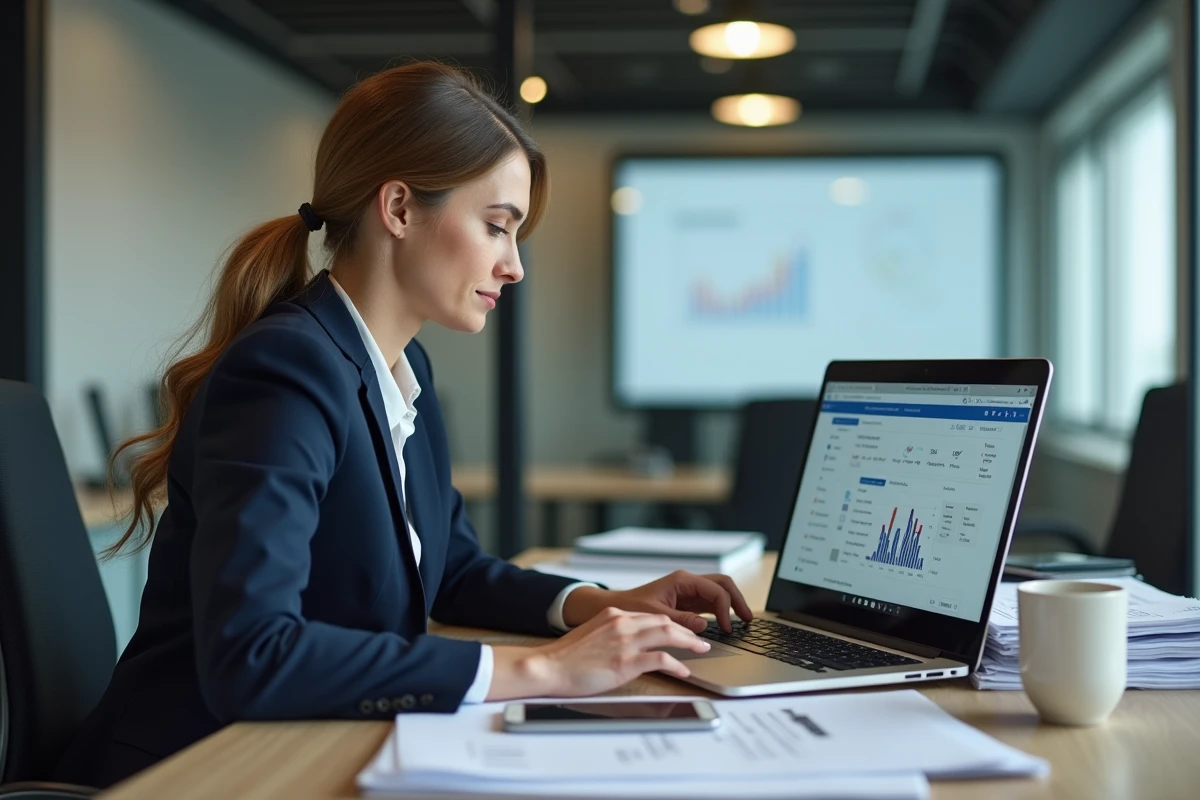 Femme concentrée sur son ordinateur avec logiciel de gestion