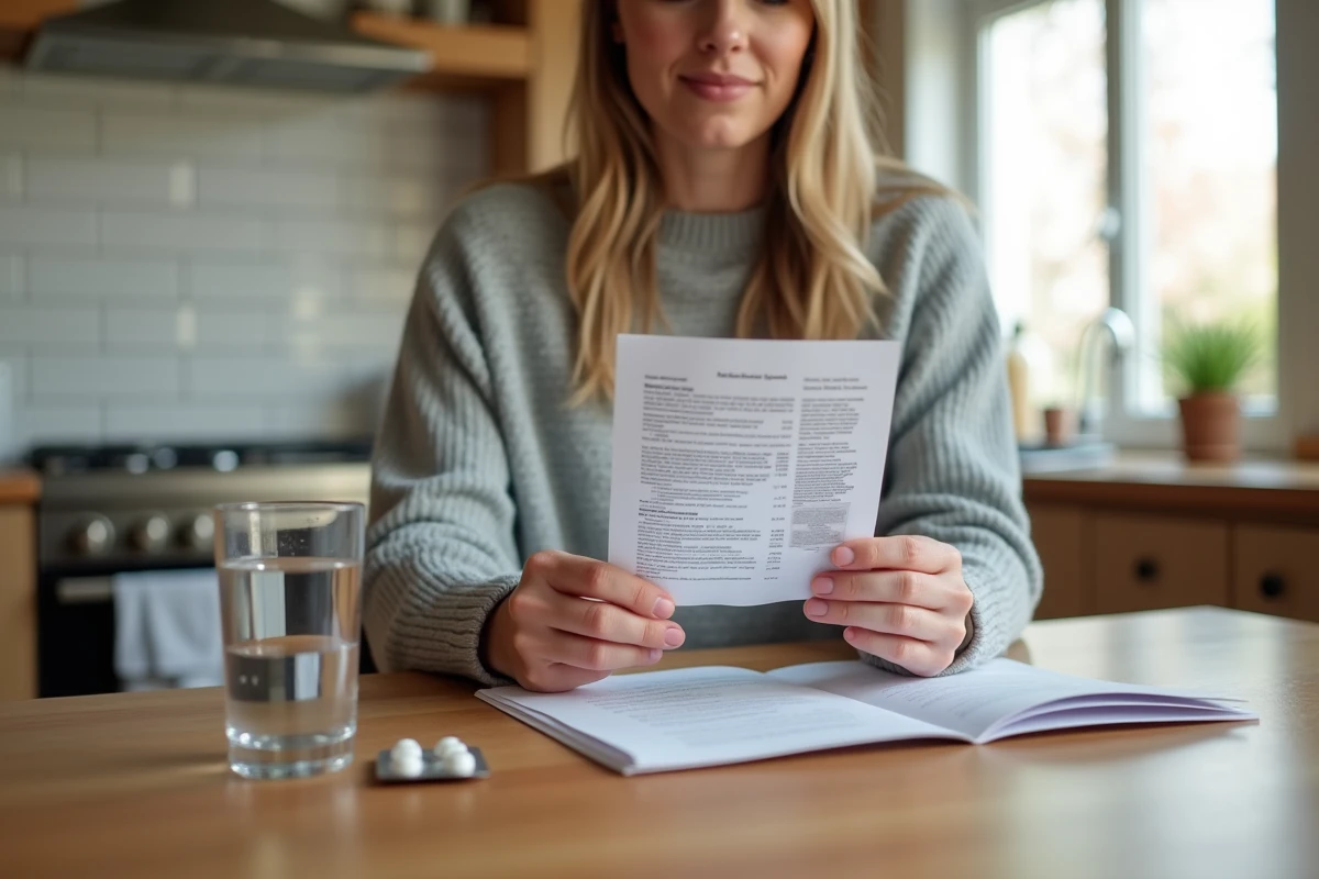 Femme lisant la notice d'un médicament avec précaution avant de le prendre