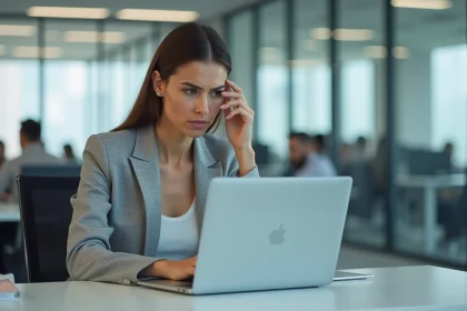 Femme frustrée devant un écran d'erreur sur son ordinateur portable au bureau, illustrant une panne du logiciel DeskRH