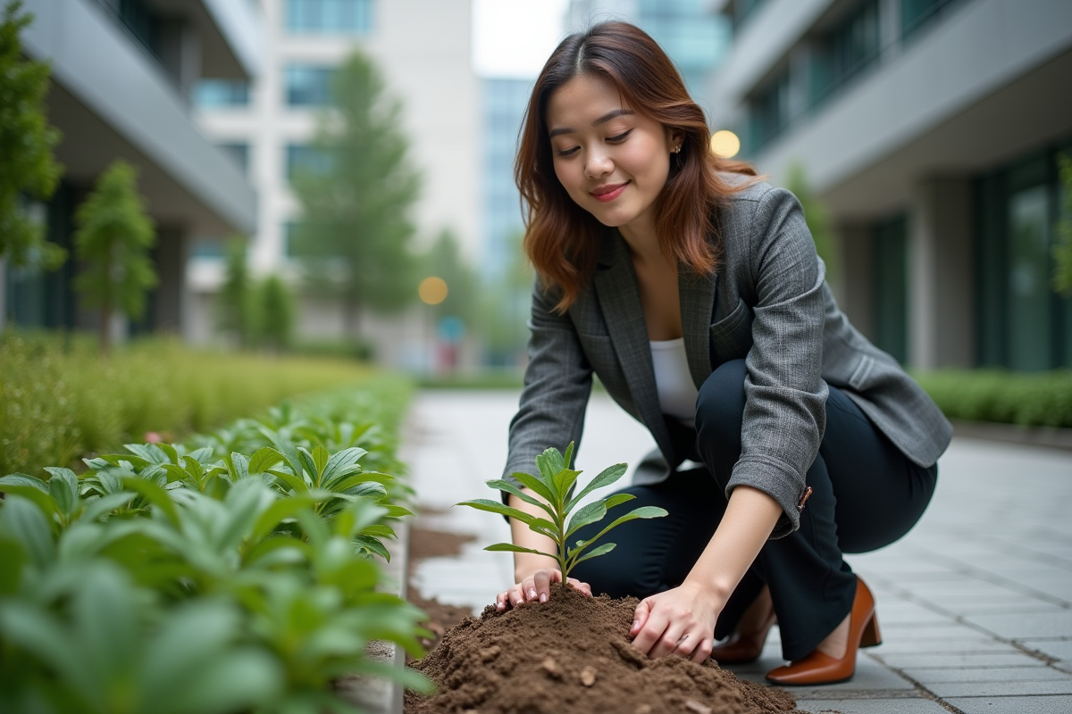 Jeune femme plante un arbre dans une cour ecologique