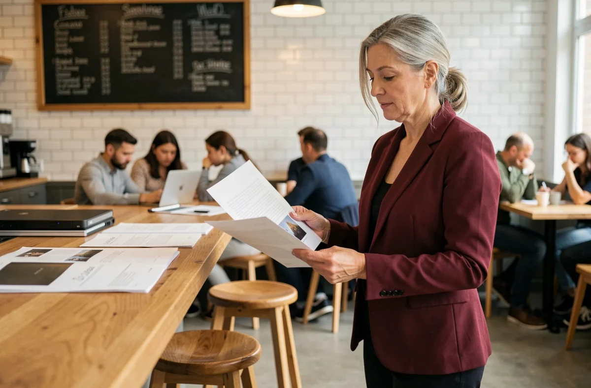 Femme en portage salarial consultant des documents dans un espace de travail hybride café-bureau