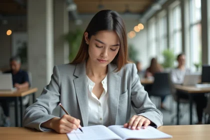Jeune femme concentrée qui prépare un test de recrutement PI à un bureau en bois dans un espace de coworking moderne