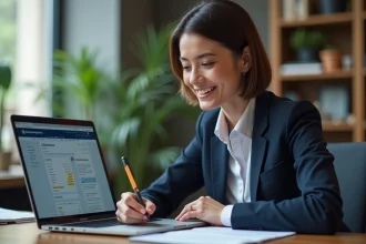 Femme professionnelle souriante dans un bureau moderne