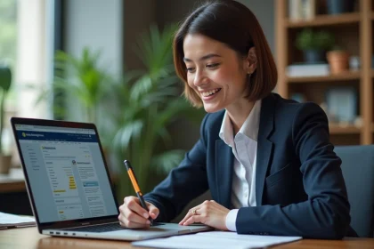 Femme professionnelle souriante dans un bureau moderne