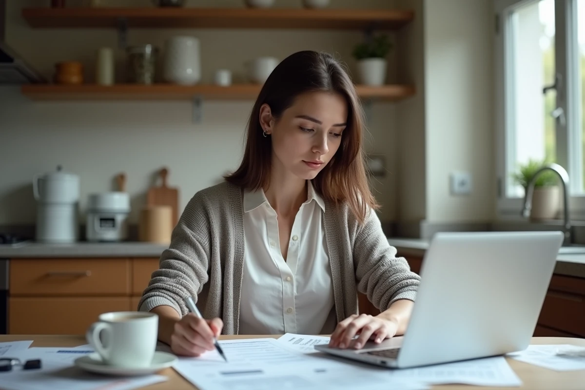 Jeune femme scientifique analysant des documents financiers à la maison
