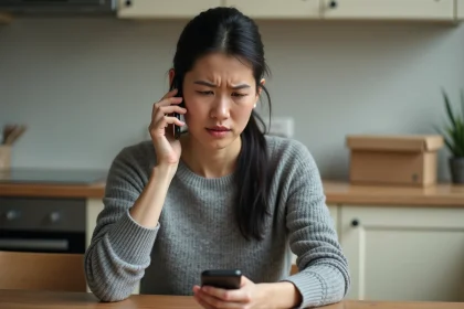 Femme frustr&eacute;e au t&eacute;l&eacute;phone tentant de joindre le service client DHL pour un colis perdu