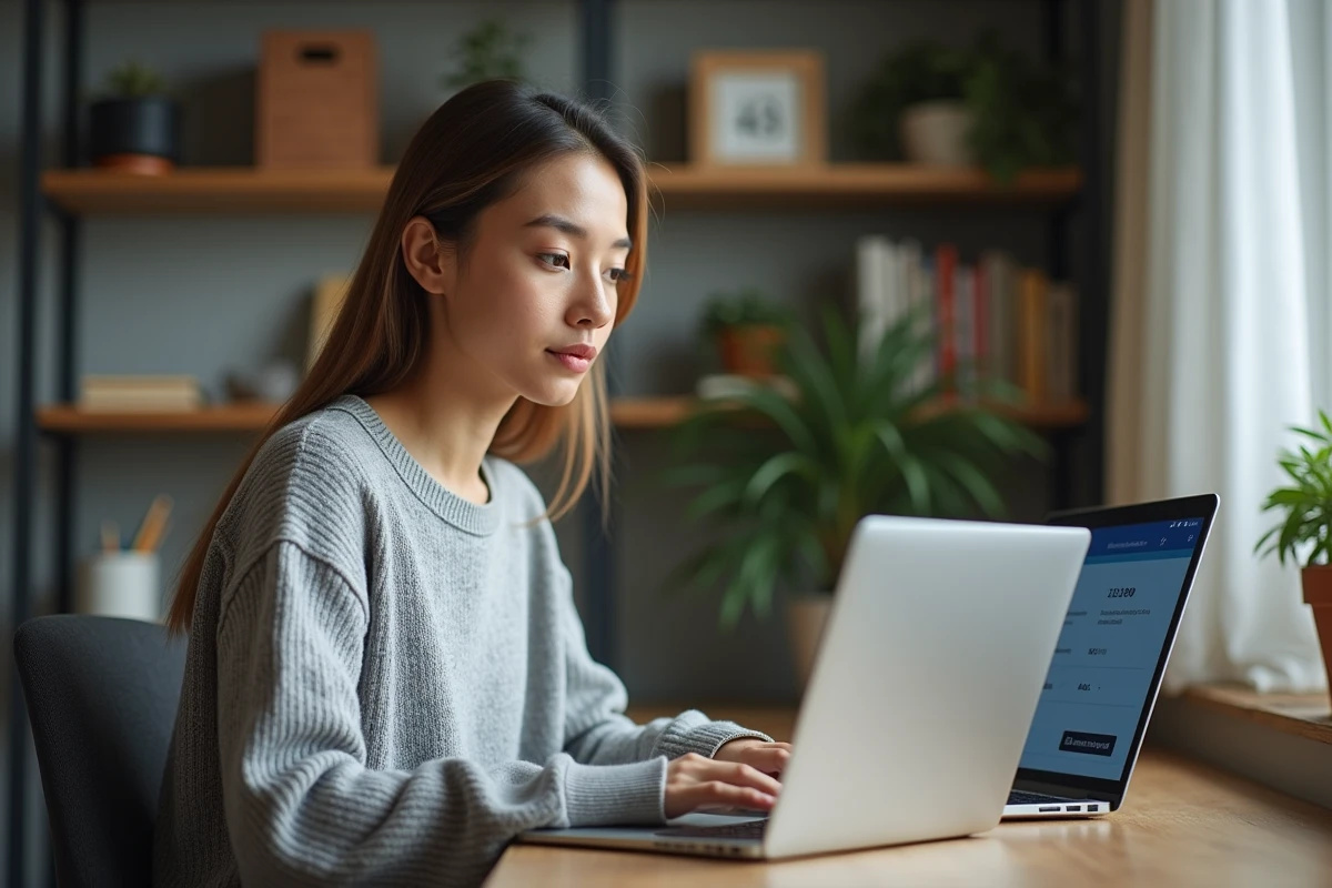 Femme en télétravail accédant au portail RH Alis BNP sur son ordinateur portable depuis son bureau à domicile