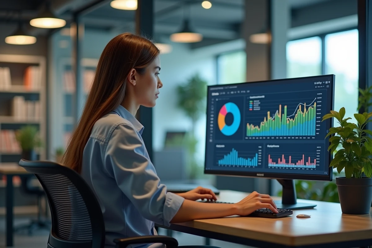 Jeune femme professionnelle analysant des graphiques de données