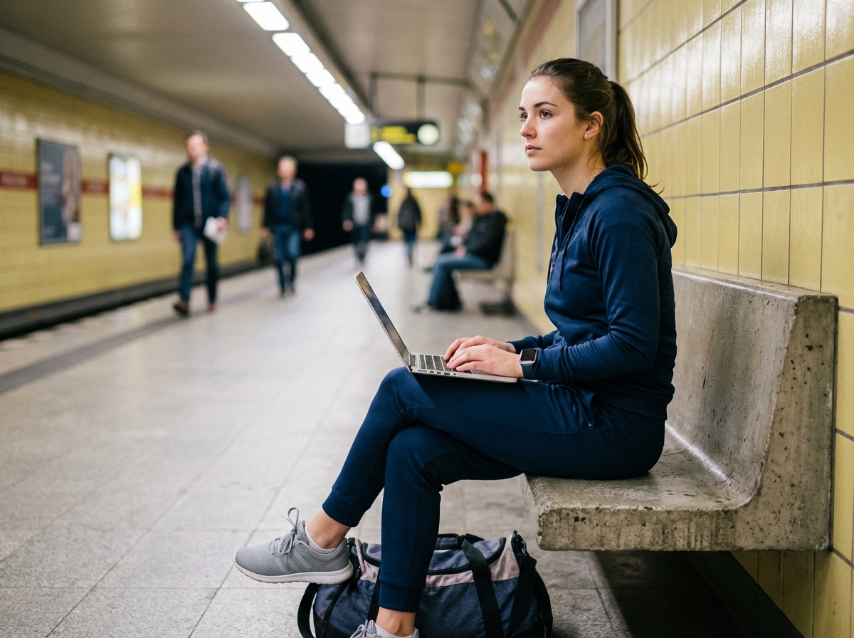 Jeune femme en tenue de sport au métro, ordinateur portable