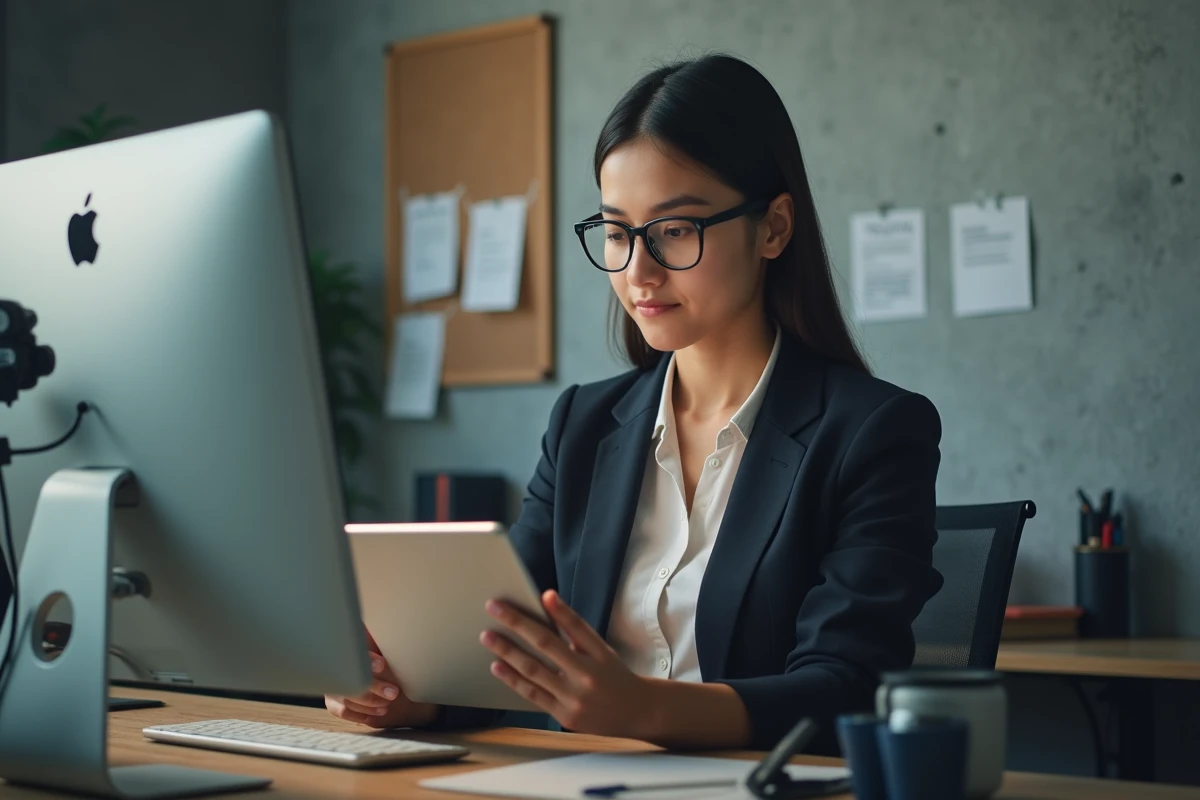 Jeune femme professionnelle utilisant ordinateur et tablette
