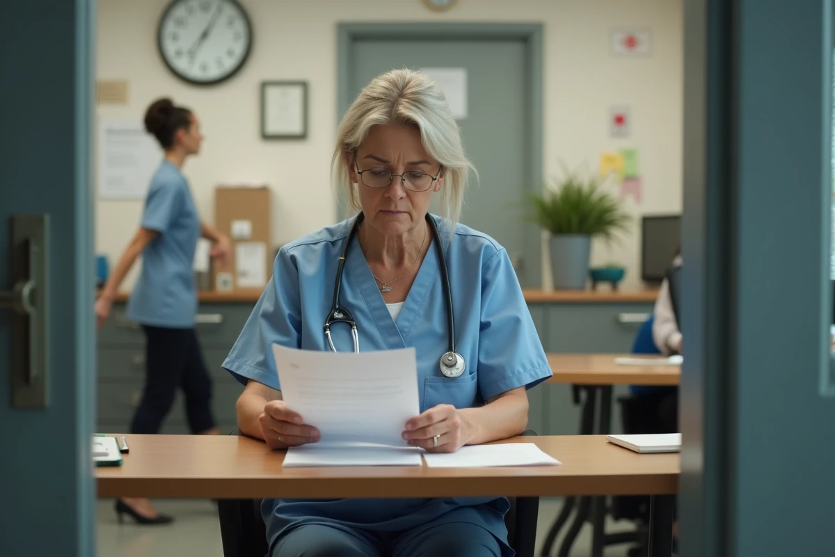Femme en uniforme médical examinant des papiers de salaire