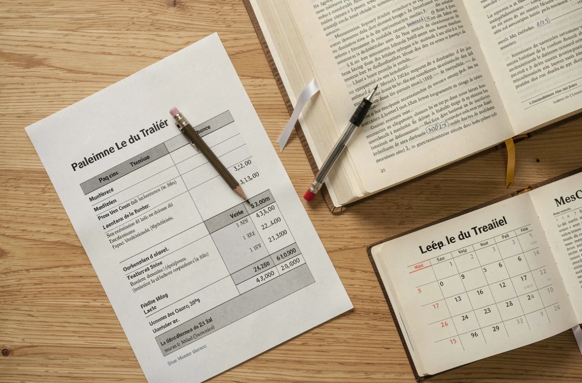 Vue en plongée d'un bulletin de salaire, d'un code du travail et d'un calendrier mensuel illustrant la référence des 151,67 heures