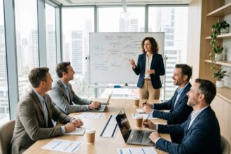Équipe de vente en formation commerciale autour d'une table de conférence avec une formatrice devant un tableau blanc