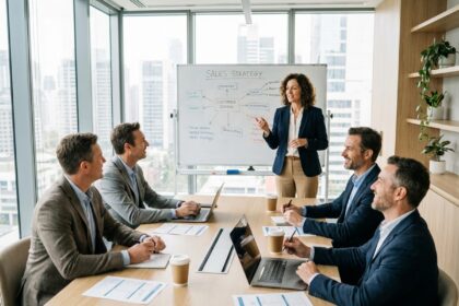 Équipe de vente en formation commerciale autour d'une table de conférence avec une formatrice devant un tableau blanc