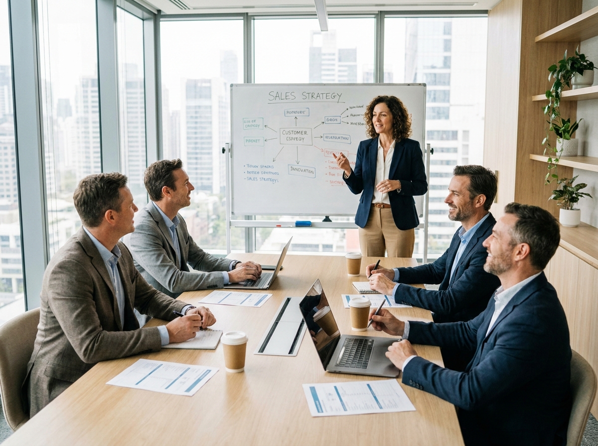Équipe de vente en formation commerciale autour d'une table de conférence avec une formatrice devant un tableau blanc