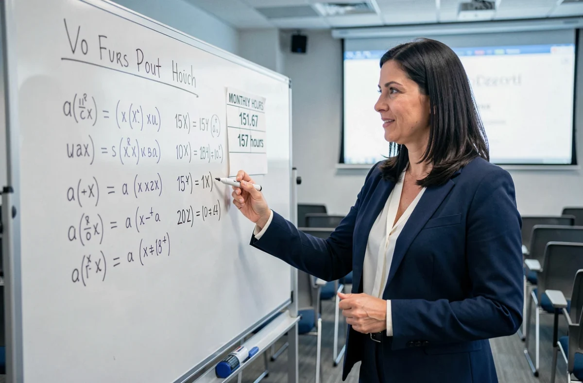 Formatrice en droit du travail expliquant le calcul des 151,67 heures mensuelles de référence devant un tableau blanc