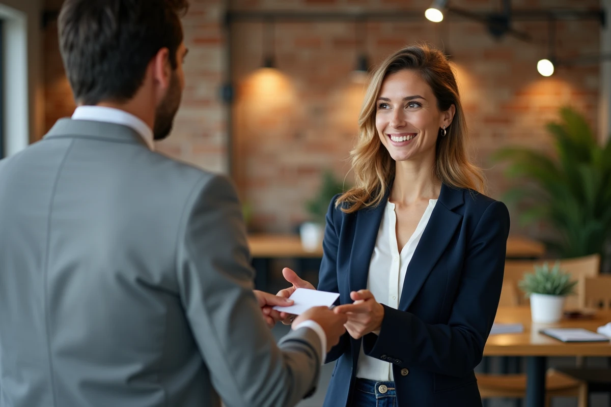 Freelance B2B échangeant des cartes de visite lors d'un événement de networking professionnel dans un espace de co-working moderne