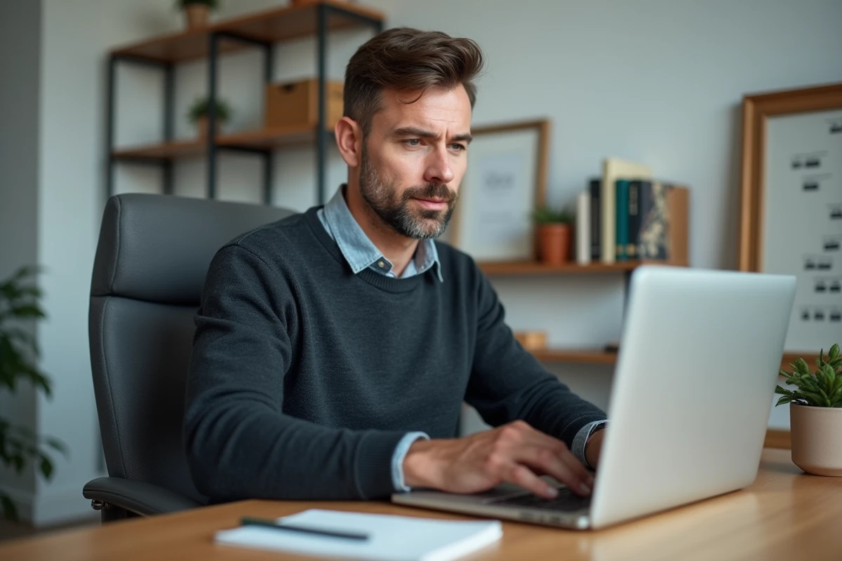 Freelance B2B utilisant une plateforme de networking en ligne depuis son bureau à domicile pour développer son réseau professionnel