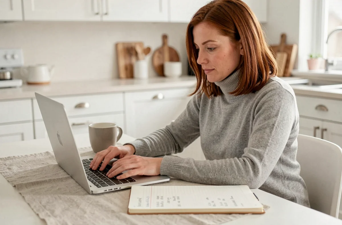 Freelance en télétravail calculant sa rémunération nette en portage salarial depuis chez elle