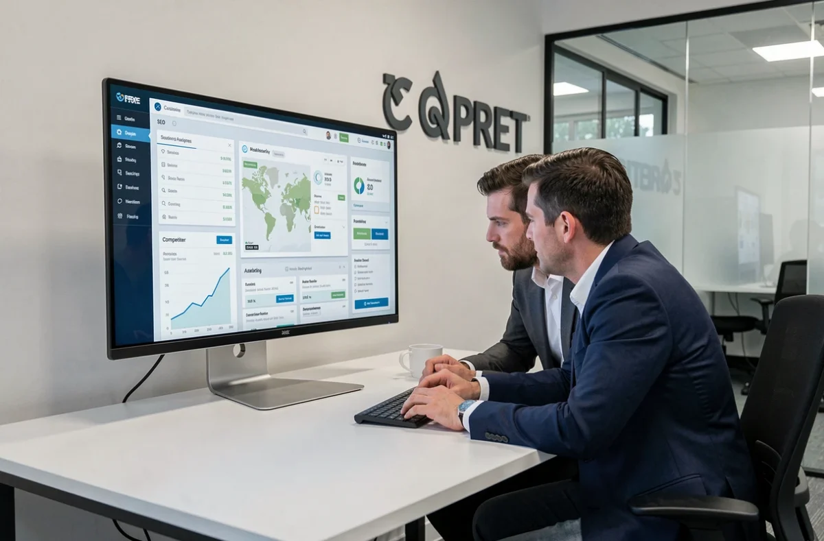 Équipe de Geoptim analysant les performances SEO de clients sur une plateforme de suivi avancée dans un bureau professionnel