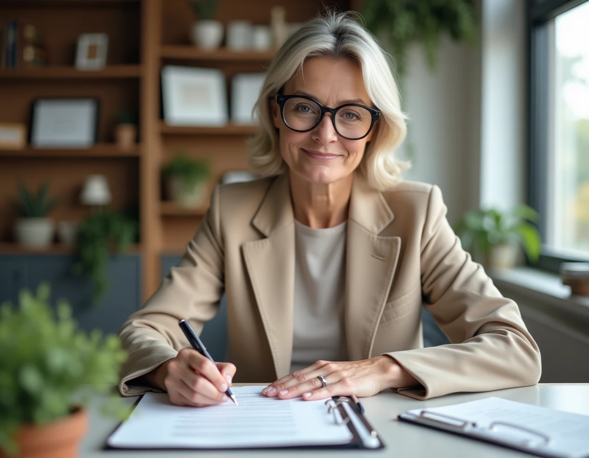 Gérante signant des documents officiels liés à la couverture sociale et aux statuts du collège de gérance dans un bureau professionnel