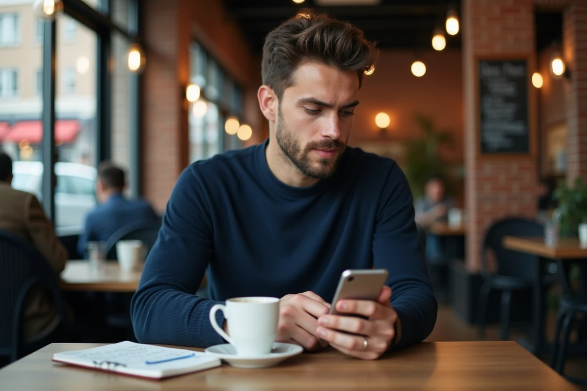 Homme gérant ses gains de plateforme en ligne de façon discrète depuis un café, avec carnet de notes financières et smartphone