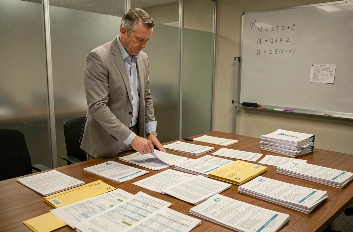 Responsable administratif face à une grande quantité de bulletins de paie et courriers RH papier sur une table de réunion, soulignant les coûts et la complexité de l'envoi postal traditionnel