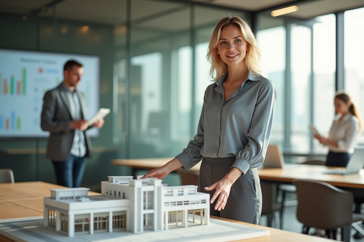 Jeune femme présente modèle d’un centre énergie en salle de réunion