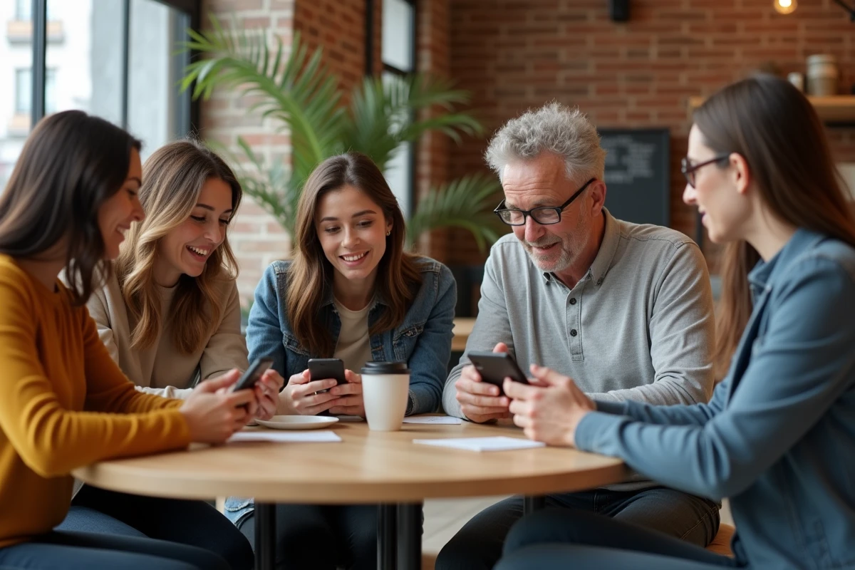 Groupe de personnes lisant des avis clients au caf&eacute;