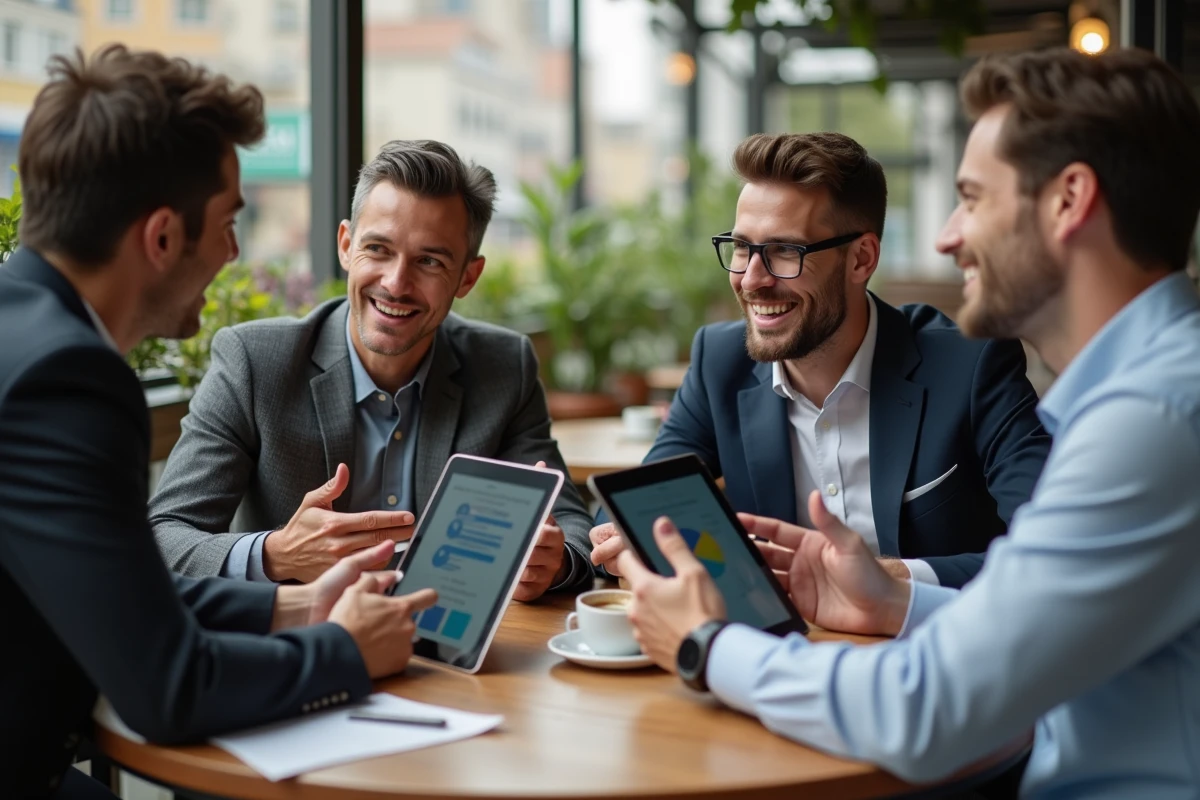 Groupe de professionnels discutant autour d un caf&eacute; avec table digitale