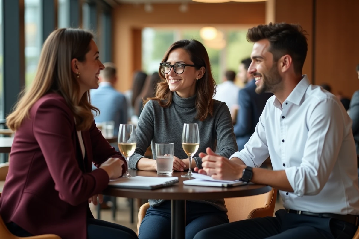 Groupe de freelances B2B en discussion professionnelle lors d'un déjeuner de networking dans un restaurant moderne et lumineux