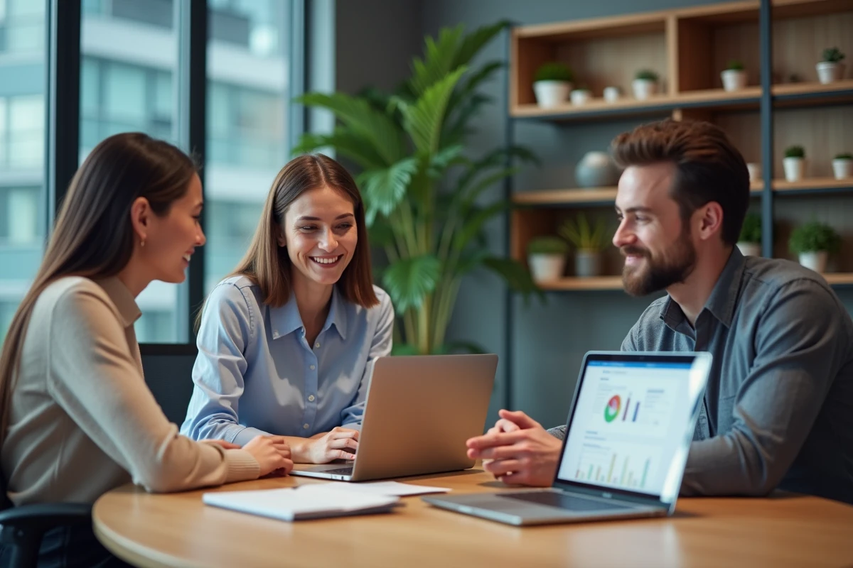 Trois professionnels collaborant autour d'une table de bureau