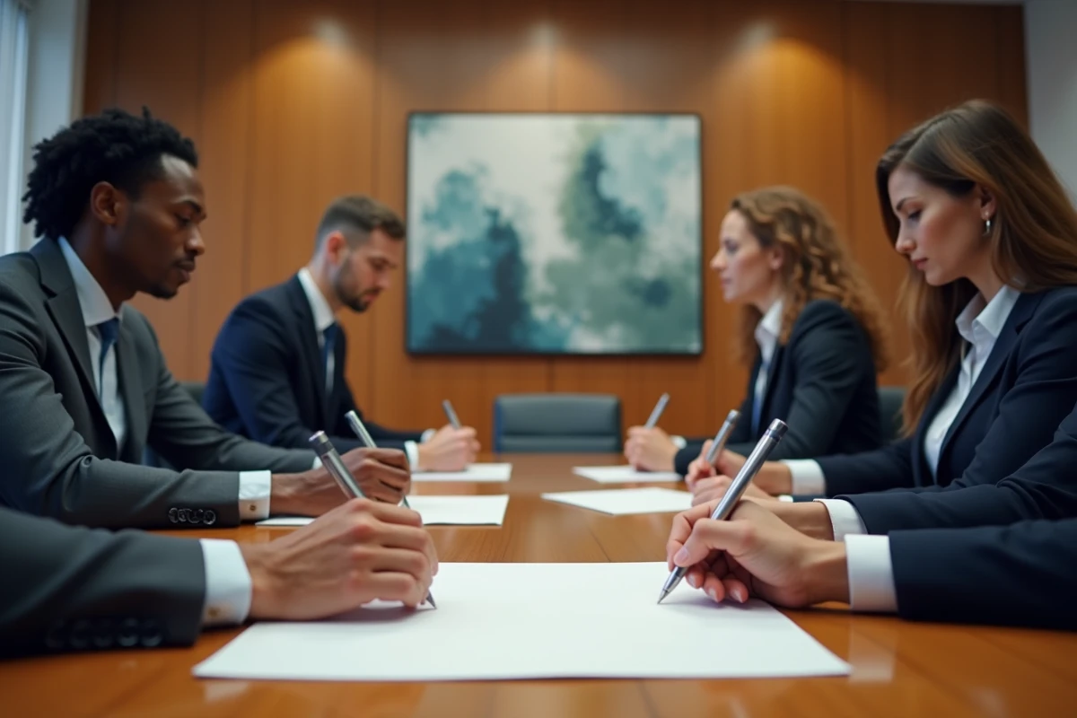 Groupe de professionnels signant une carte de condoleances en r&eacute;union