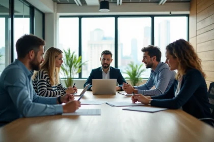 Groupe de professionnels en r&eacute;union dans un bureau moderne