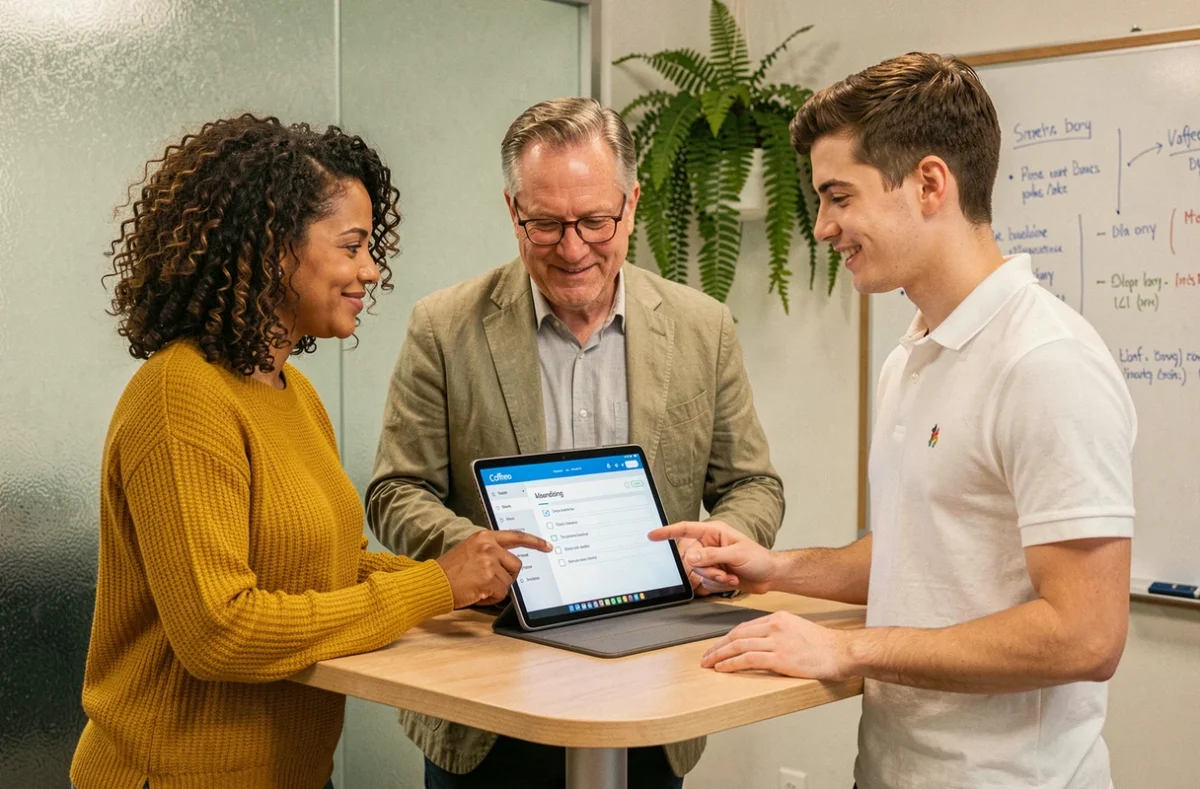 Groupe de salariés découvrant ensemble la digitalisation RH sur tablette en salle de réunion