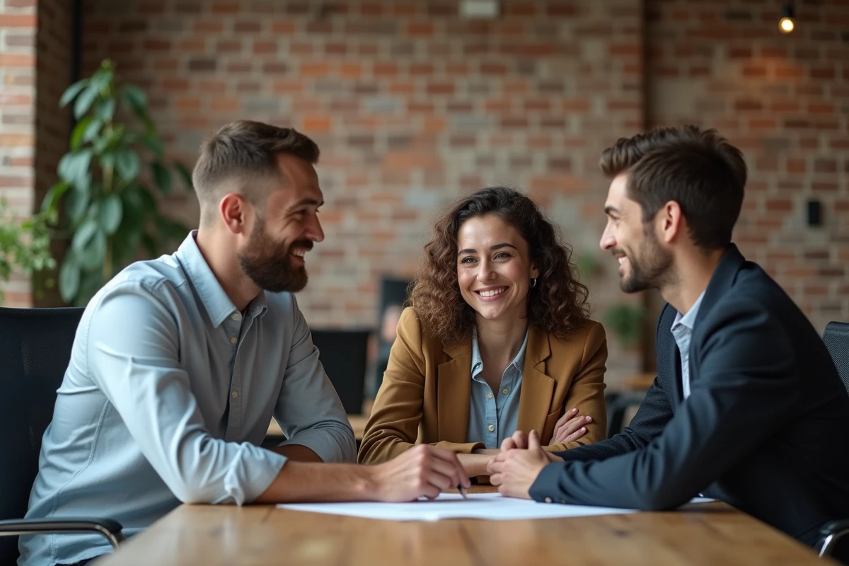 Groupe de trois personnes en discussion dans un espace de travail