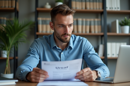 Homme d'affaires dans un bureau lisant des documents Urssaf