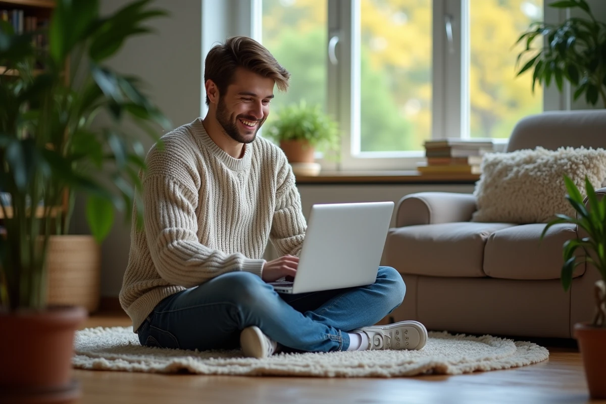 Homme détendu travaillant sur un ordinateur dans un salon cosy