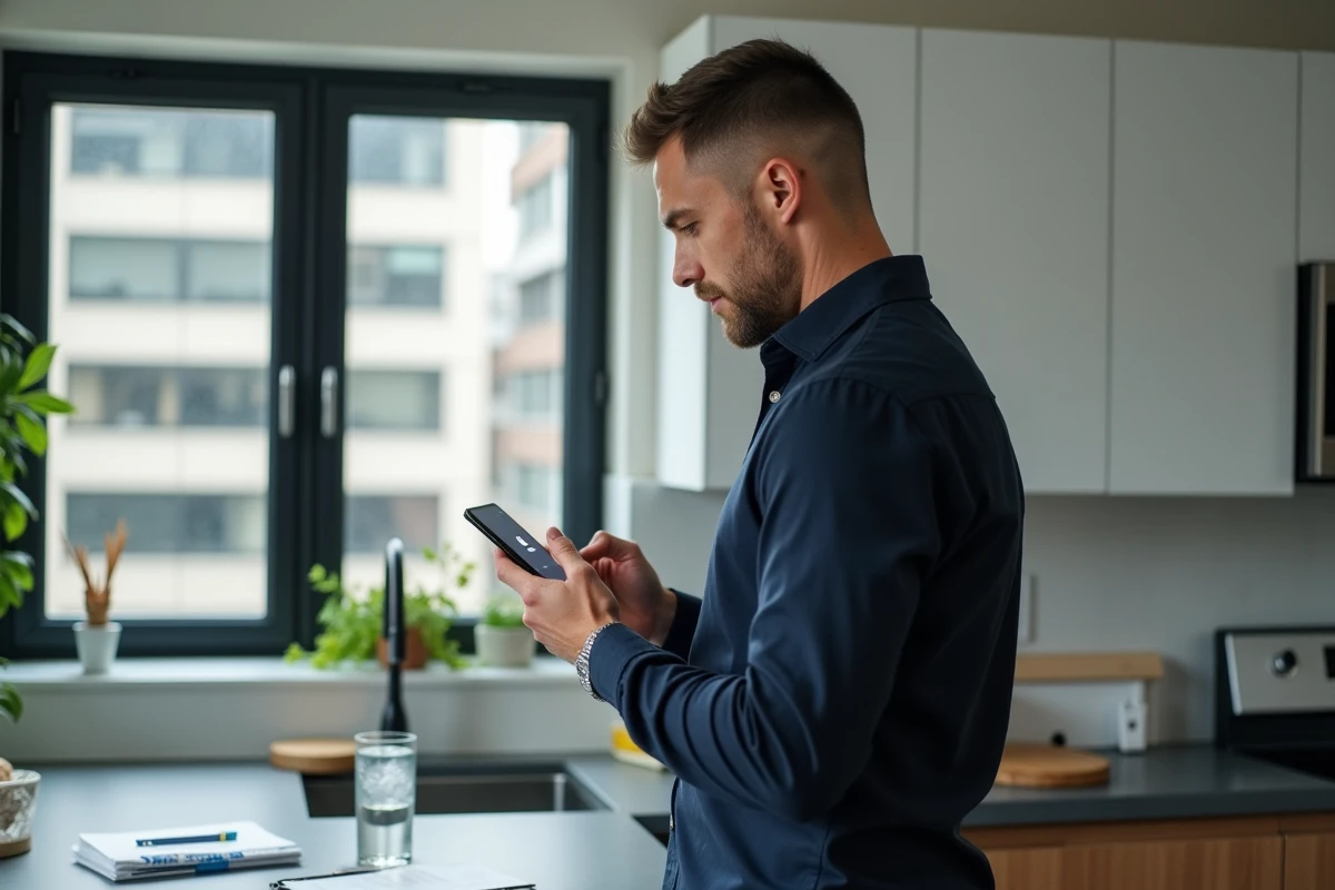Homme en télétravail consultant l'application RH sécurisée Alis BNP depuis son espace de travail à domicile
