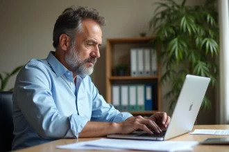 Homme consultant son dossier de remboursement d'impôt en ligne sur un ordinateur portable à son bureau à domicile