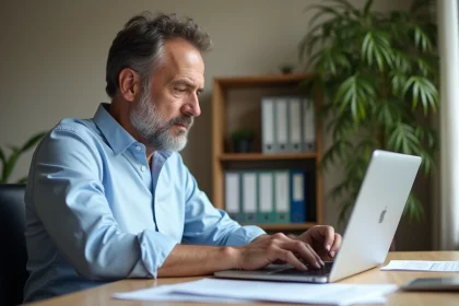 Homme consultant son dossier de remboursement d'impôt en ligne sur un ordinateur portable à son bureau à domicile
