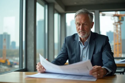 Homme d'&acirc;ge moyen examinant des documents au bureau