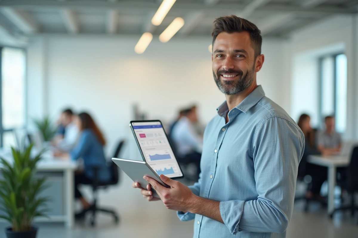 Homme en coworking avec tablette et application de gestion