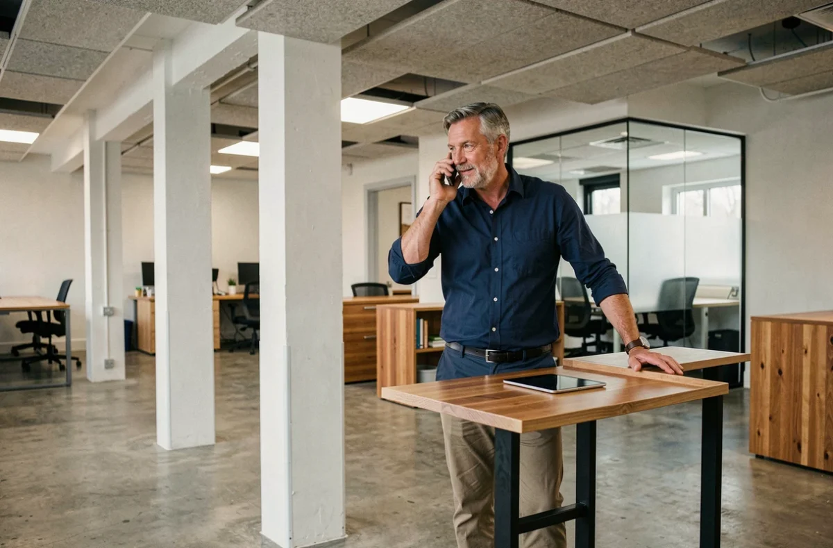 Homme d'affaires en télétravail debout à un bureau réglable dans un espace de coworking à Niort