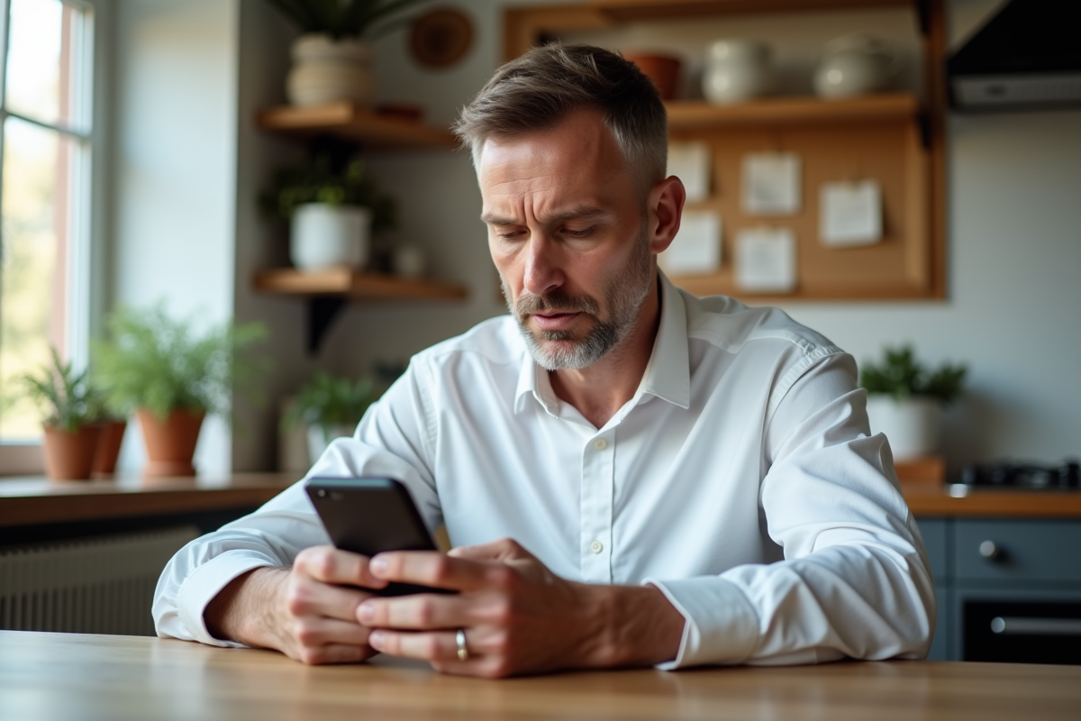 Homme lisant un email dans sa cuisine chaleureuse