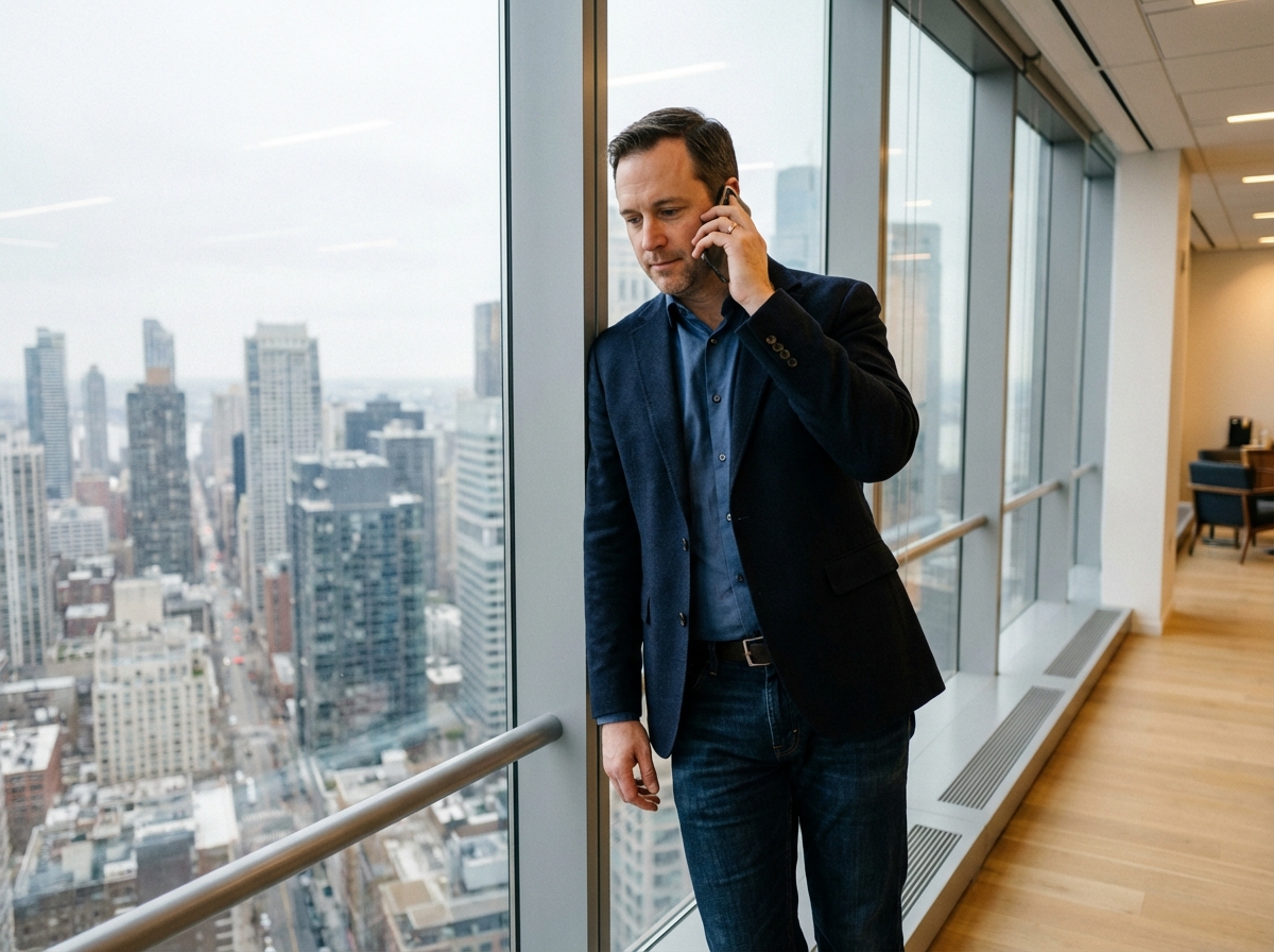 Homme au bureau regardant la ville depuis la fen&ecirc;tre