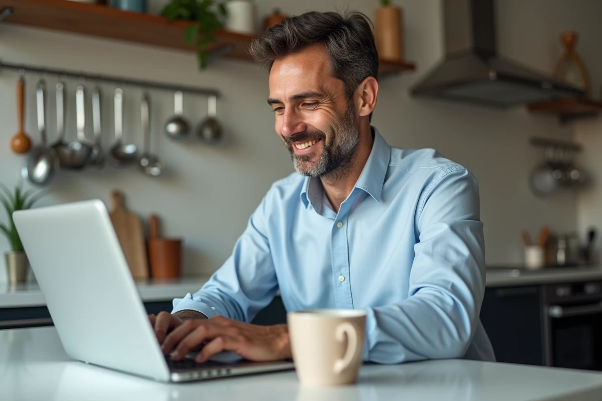Homme tapant un email de remerciement dans une cuisine moderne