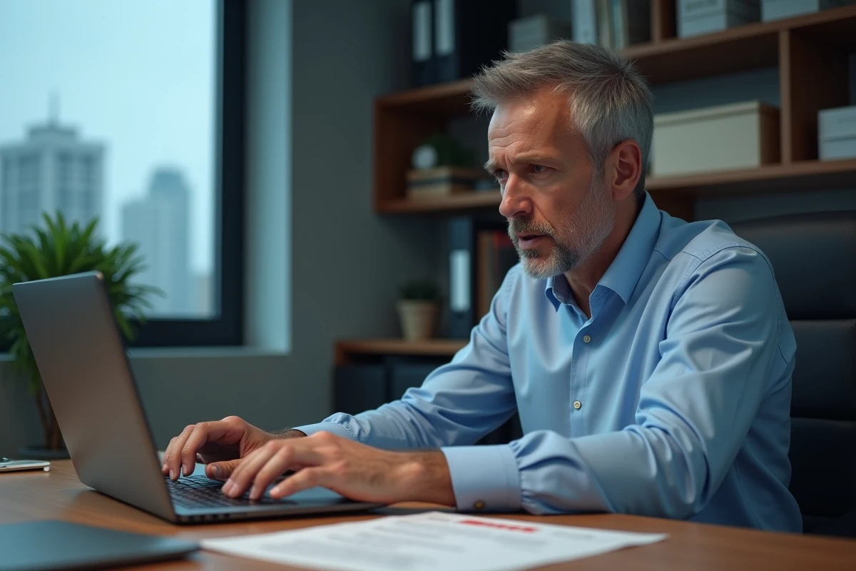 Homme consultant le site DHL sur ordinateur portable pour retrouver un num&eacute;ro de service client