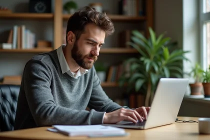 Homme en train de r&eacute;diger un avis produit &agrave; domicile