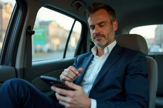 Homme d'âge moyen utilisant paiement sans contact dans taxi